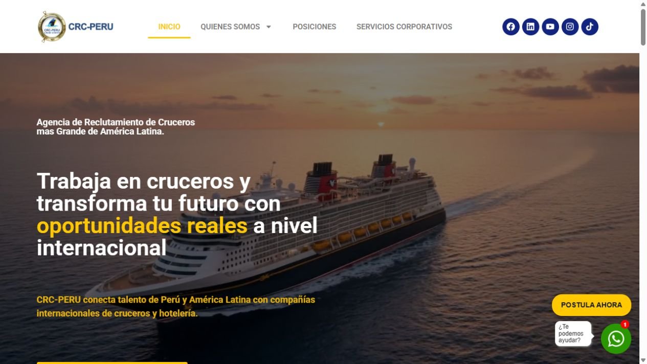 Captura de la web de CRC-Perú, agencia de reclutamiento para cruceros