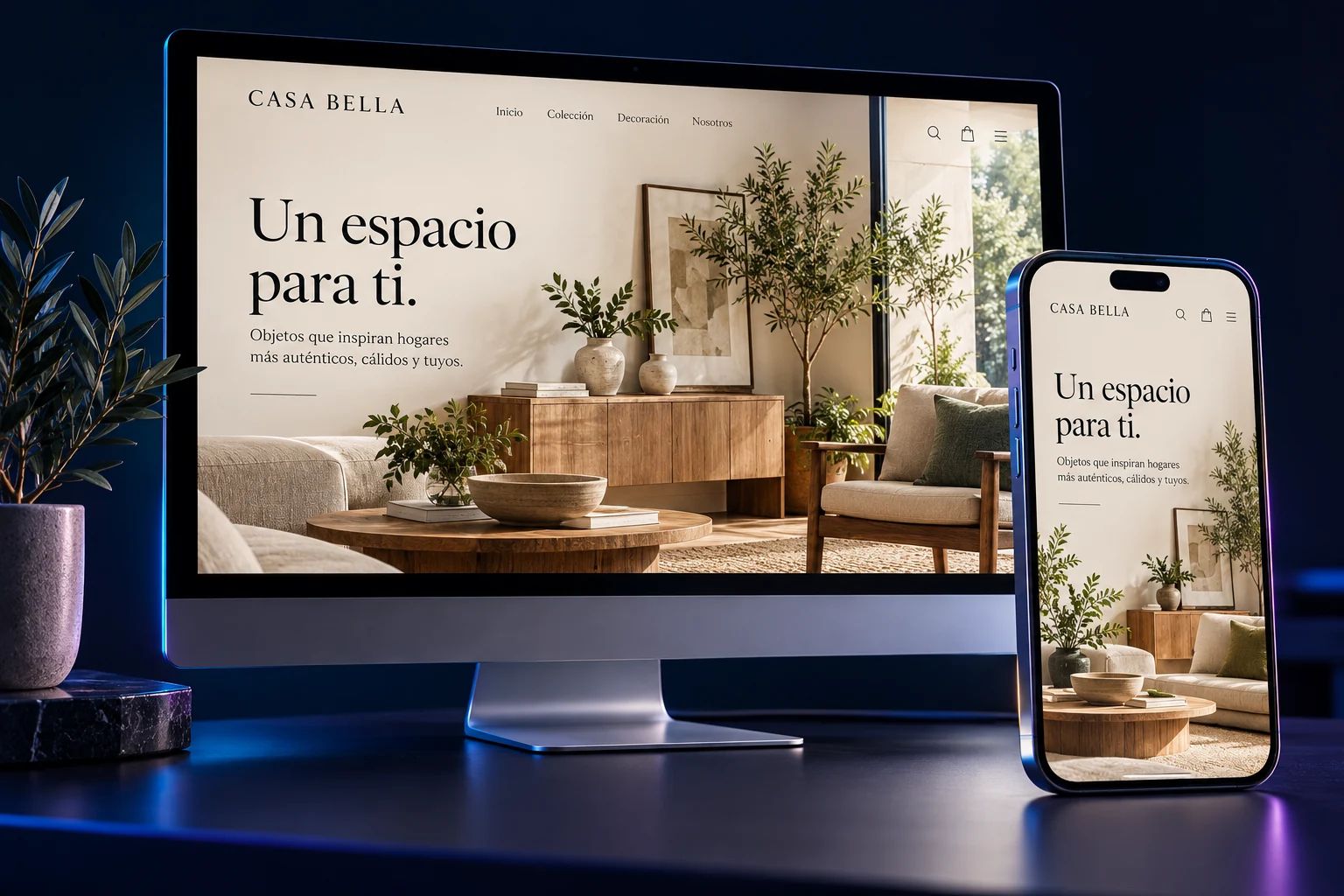 Ejemplo de una web de decoración adaptada a ordenador y móvil