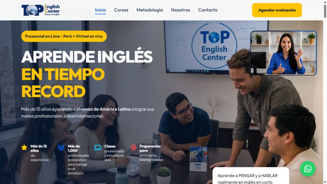 Captura de la web de Top English Center, centro de enseñanza de inglés en Lima